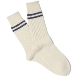 Anonymous Ism Organic Cotton 2 Stripes Pique Knit Socks - Cream/Navy