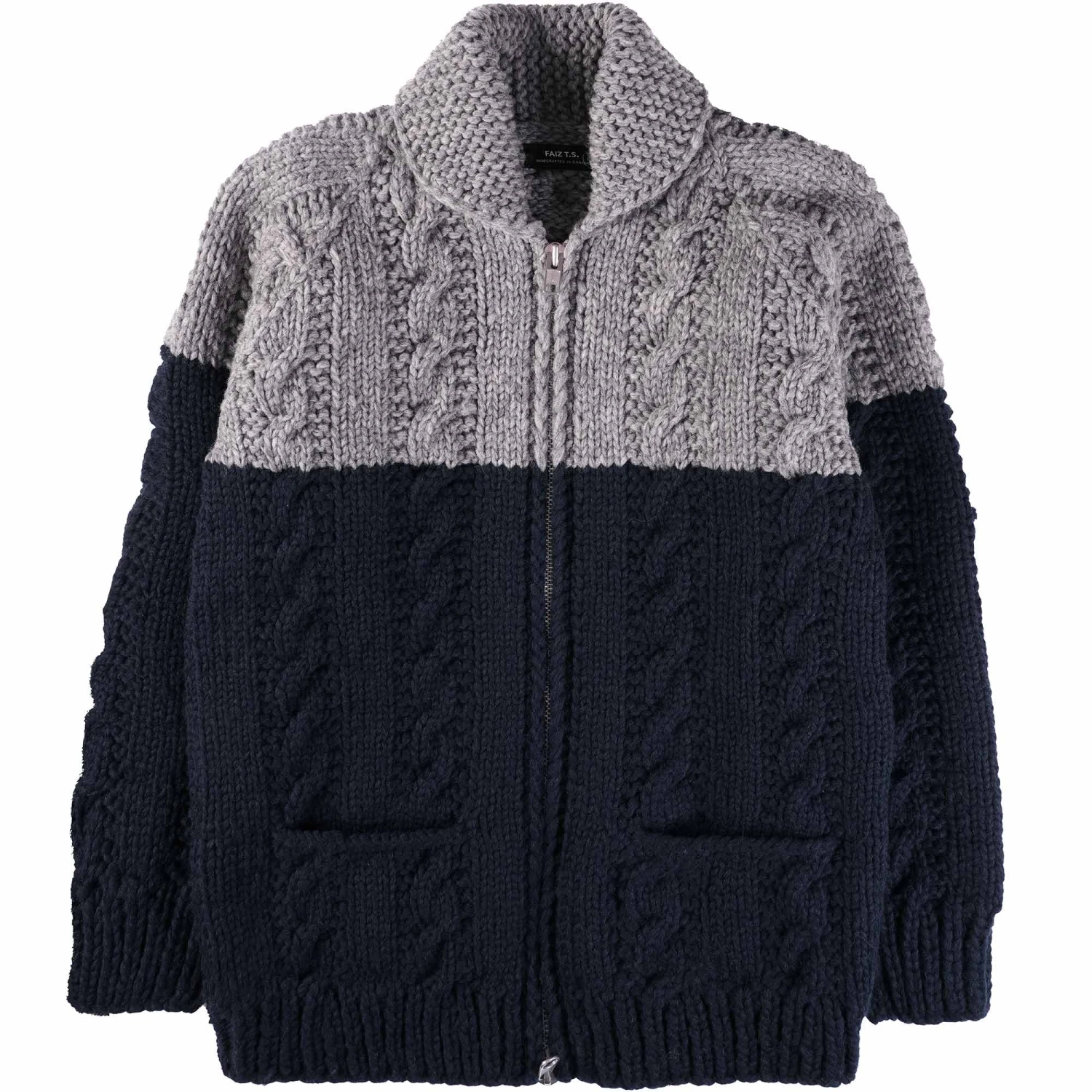 Faiz T.S Fisherman Hand Knitted Cardigan - Ink And Grey 1 Faiz T.S Fisherman Hand Knitted Cardigan - Ink And Grey