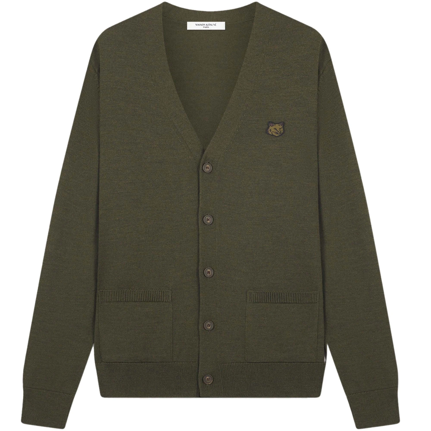 Maison Kitsune Bold Fox Head Patch Cardigan - Khaki 1 Maison Kitsune Bold Fox Head Patch Cardigan - Khaki